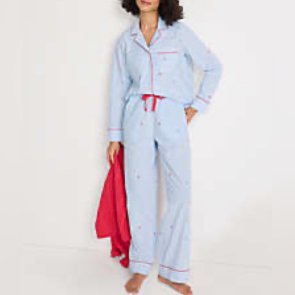 LAND' END Cotton Poplin Pajama Set - Brisk Blue Stripe Mini Hearts - XS